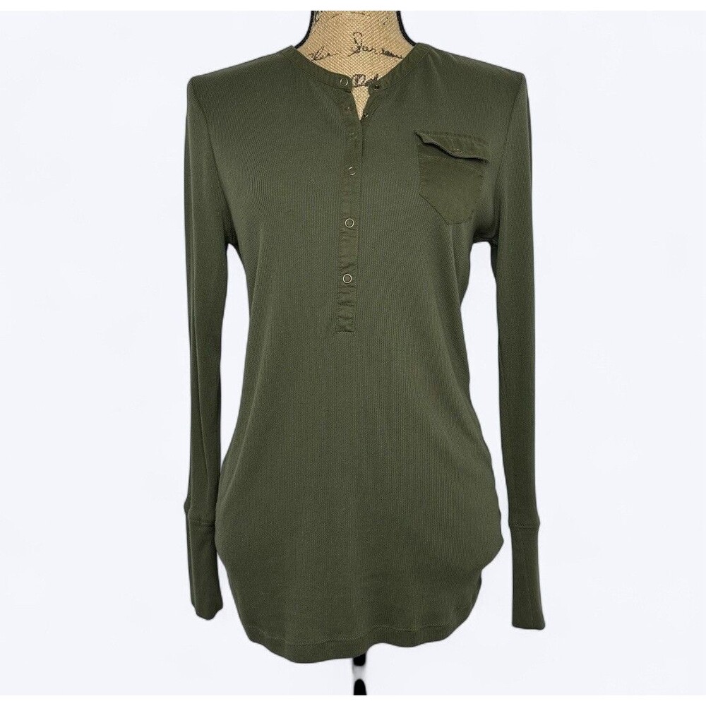 Old Navy Long Sleeve Henley Shirt Womens Sz L Green Pocket Wide Wrist Fitted Y2K